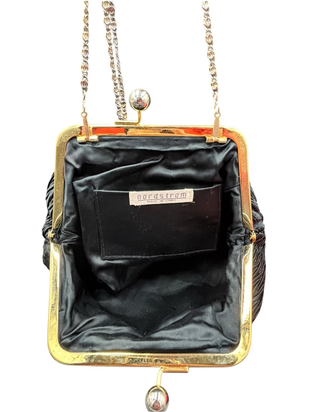 Vintage Nordstrom Black Pleated Evening Bag, Gold Tone Kiss Lock, Chain Strap - Picture 9 of 14
